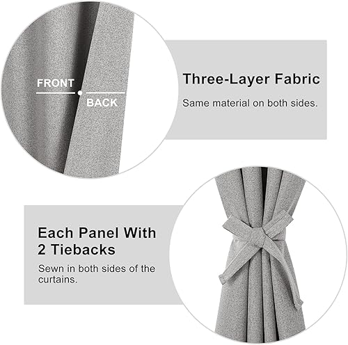 Miniatura 6 de DWCN Cortinas 100% opacas para dormitorio, cortinas de lino de granja de 84 pulgadas de largo, juego de 2 paneles de cortina térmica gris con 2