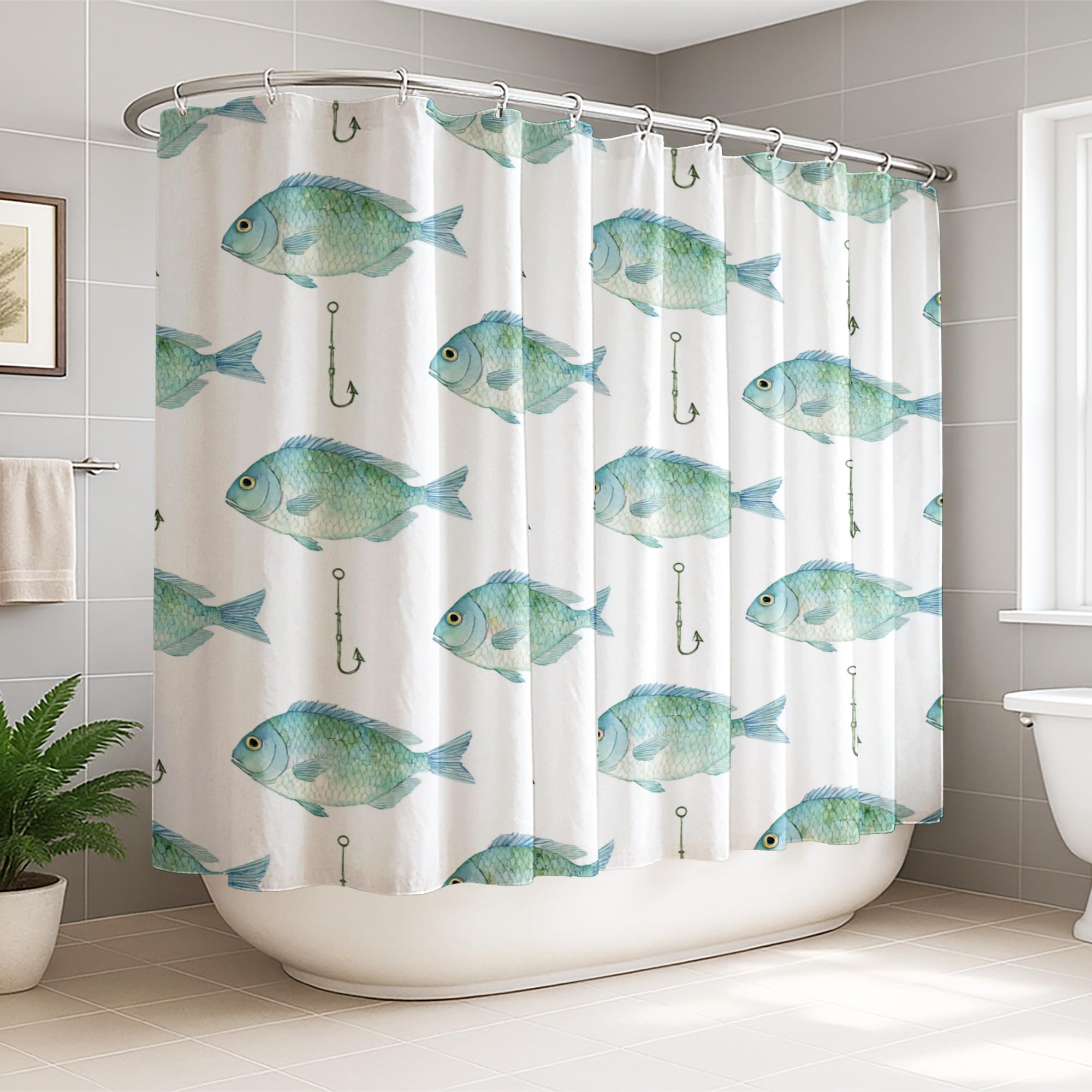 Rideau de douche extra large pour éviter l'eau au sol, motif poisson bleu lavable 274x183cm