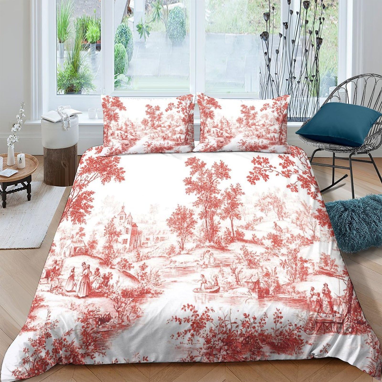 Ctjqhvkz Style-3 3D Printed Vintage Toile Fitted Sheet Microfiber Soft Red Scenic Mattress Cover For Bedroom Home Decor Single（135X200cm）