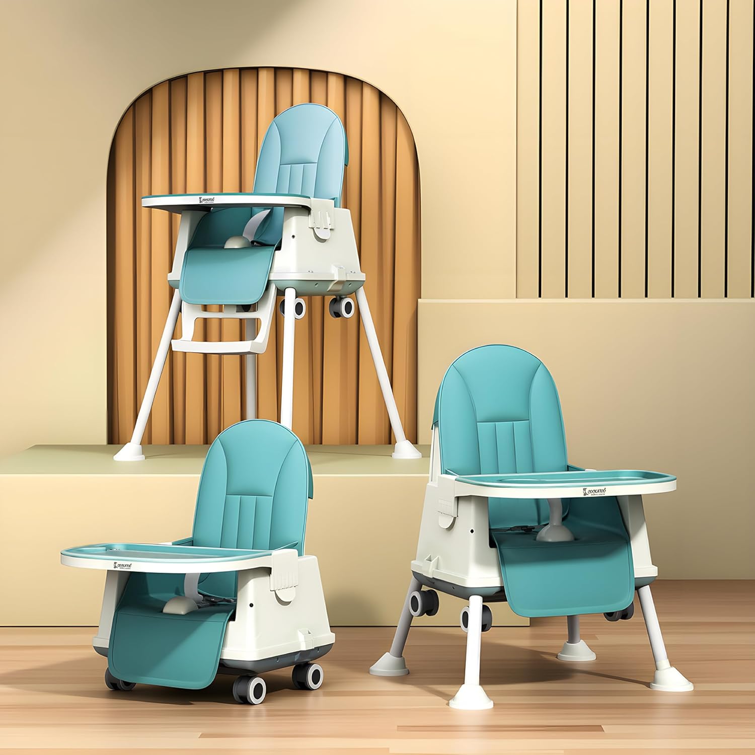 Cockatoo-Kids BiteBuddy 3-in-1 Foldable Baby High Chair with Double Removable Tray, Booster Seat & Wheels, Adjustable Feeding Chair for Kids, Anti-Slip Legs, 3-Point Harness – 3M to 5Y, 40kg Sea Green