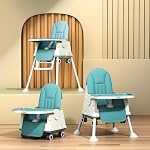 Cockatoo-Kids BiteBuddy 3-in-1 Foldable Baby High Chair with Double Removable Tray, Booster Seat & Wheels, Adjustable Feeding Chair for Kids, Anti-Slip Legs, 3-Point Harness – 3M to 5Y, 40kg Sea Green