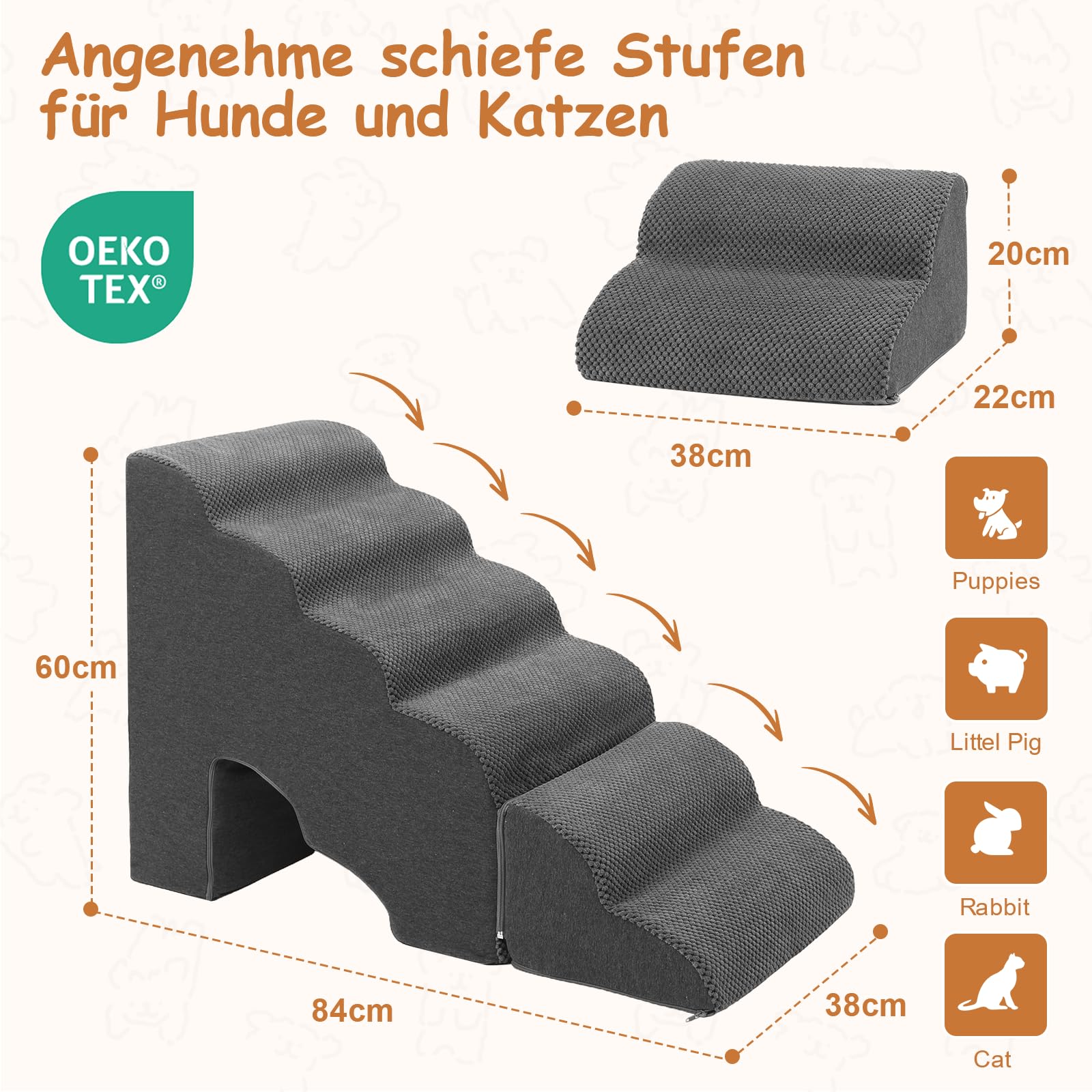 Escalera para perros de 60 cm de altura para cama, 6 peldaños para cama con somier | Escalera antideslizante para mascotas de color gris oscuro para perros pequeños o lesionados