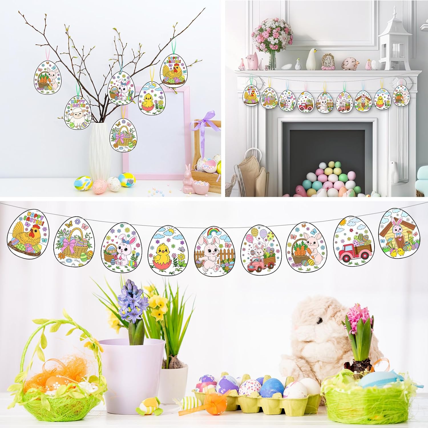 36 Pack Easter Egg Coloring Crafts for Kids Easter Crafts DIY Paint Cards Color Your Own Eggs Hanging Ornaments with Bunny Sheep Chick for Spring Classroom Decor Class Activities Party Favor