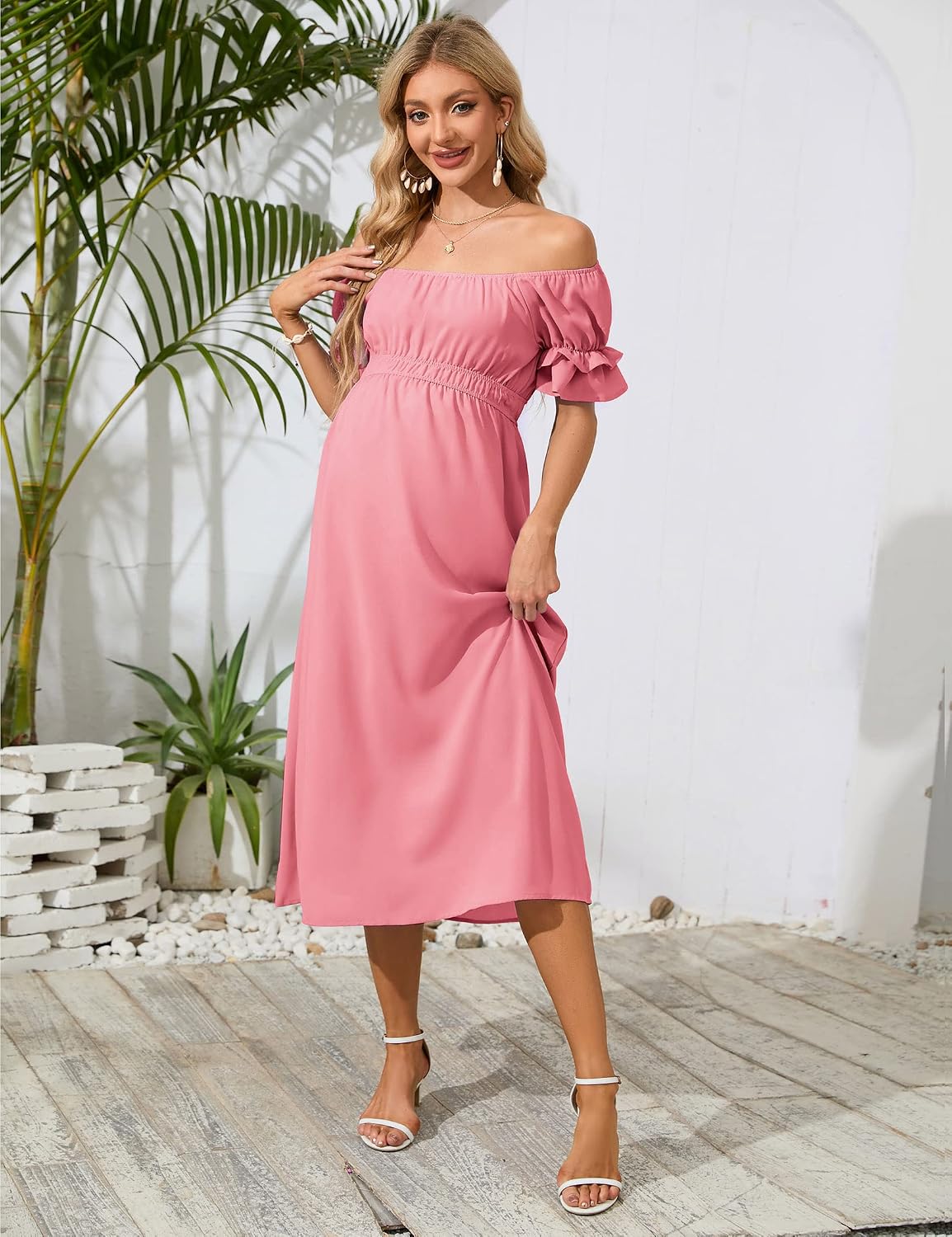 KOJOOIN Womens Women's Off Shoulder Short Sleeve Maternity Dress