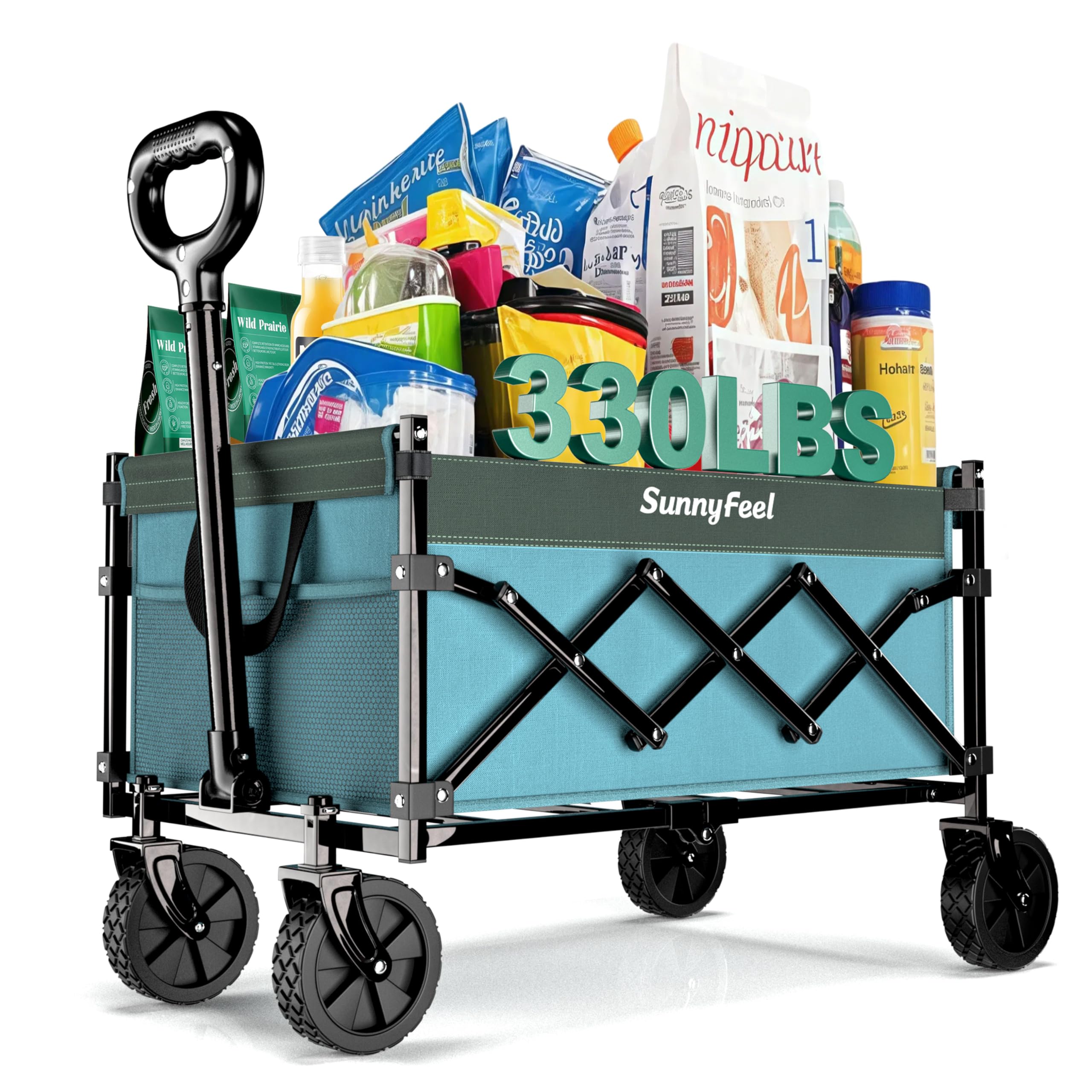 SunnyFeel Collapsible Wagon, Ultra-Compact & Lightweight Foldable Utility Cart with 360° Rotating Wheels, 110L Volume, 160kg Capacity, Portable for Grocery, Shopping, Picnic, Garden, Beach & Camping