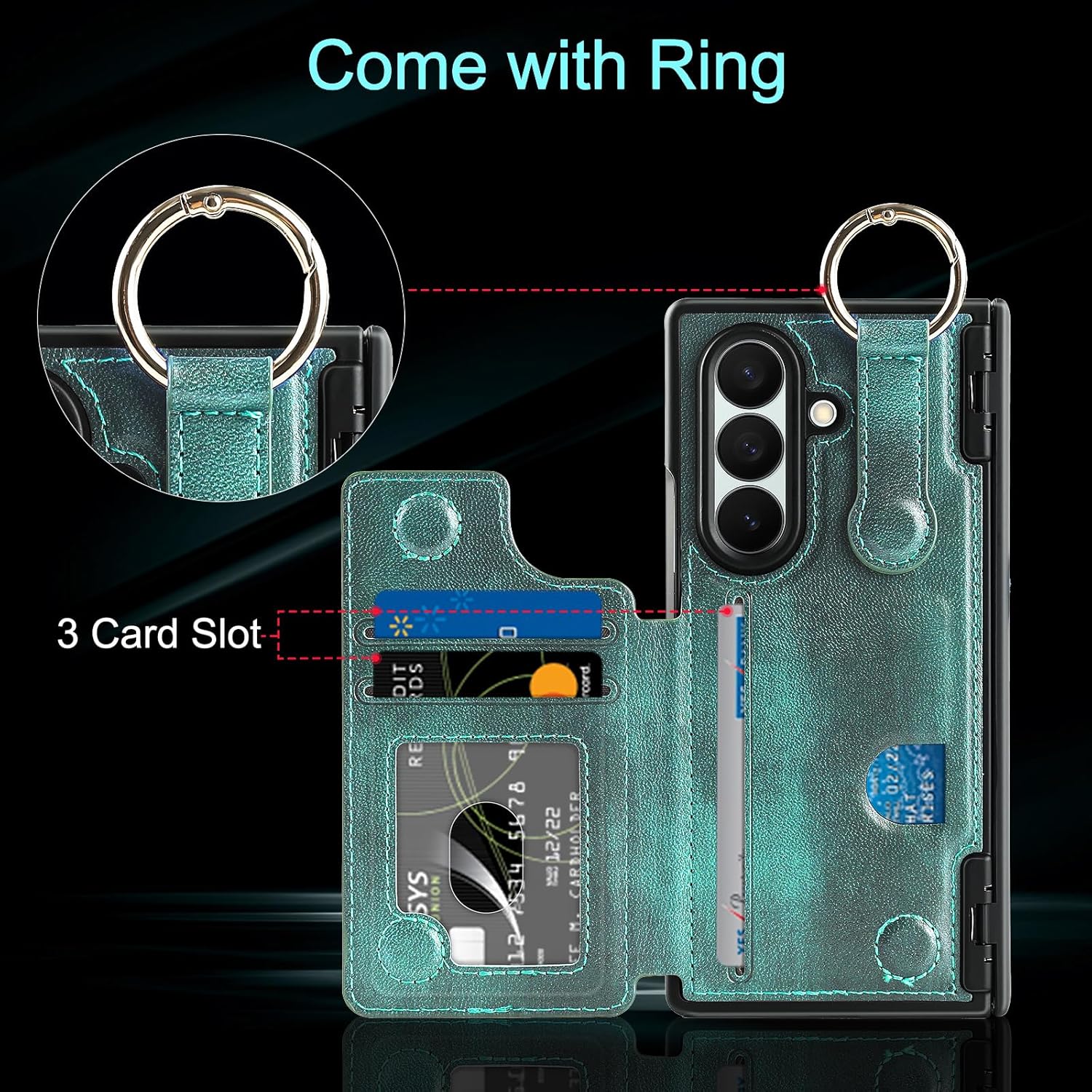Casetego for Galaxy Z Fold 7 Wallet Case,Built-in Hinge Protection & Screen Protector & Card Holder & PU Leather & Finger Grip Ring,Shockproof Hard Case for Samsung Z Fold 7 (2025),Green