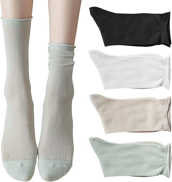 zrylibya Women Cute Roll Top Turn Cuff Slouch Socks Hollow Out Crochet Solid Casual Crew Socks 4 Pairs