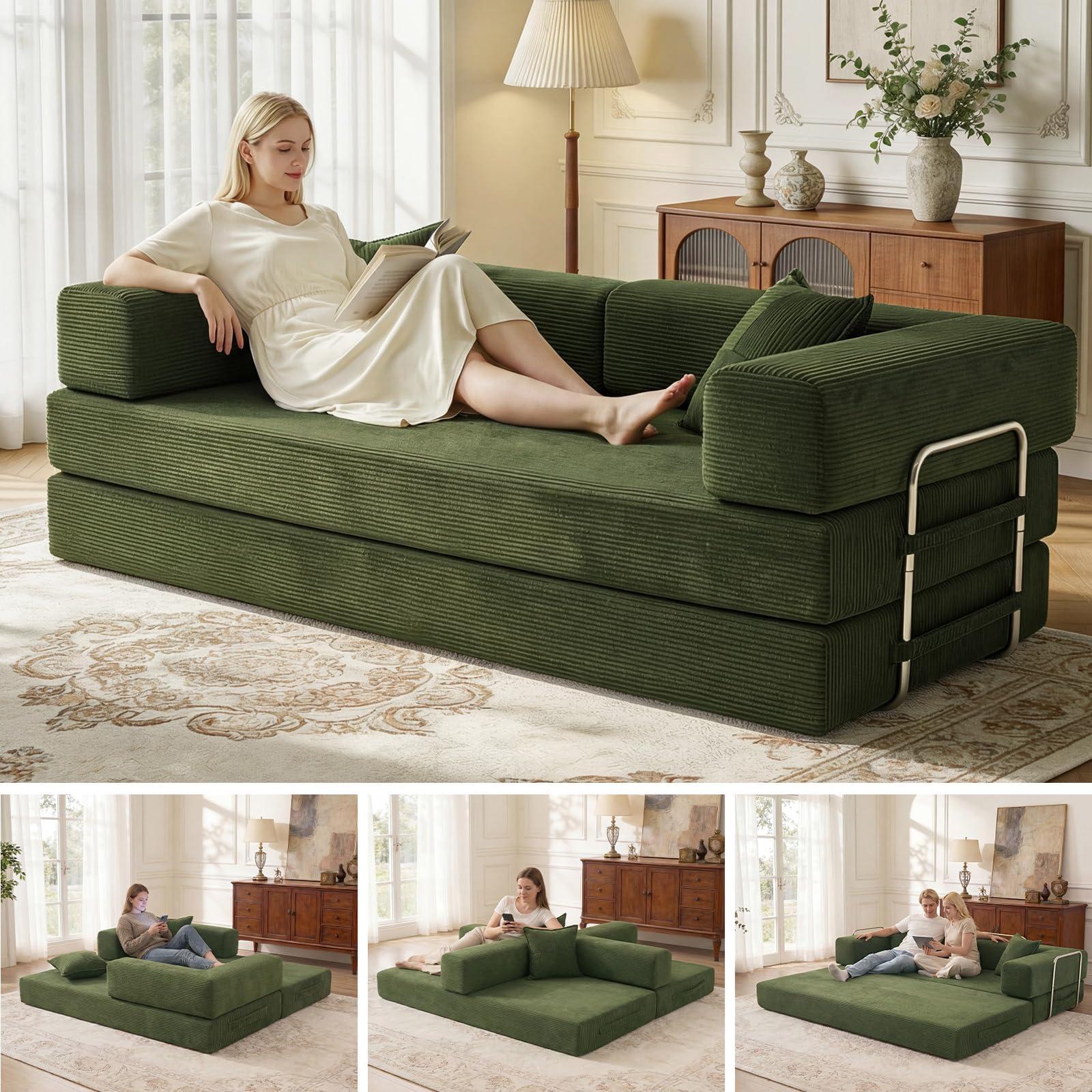 Vipbear Divano disossato, divano a 3 posti in velluto a coste 200 cm, letto pieghevole 5 in 1 convertibile con 2 cuscini in memory foam per camera da letto, verde | Cabrio