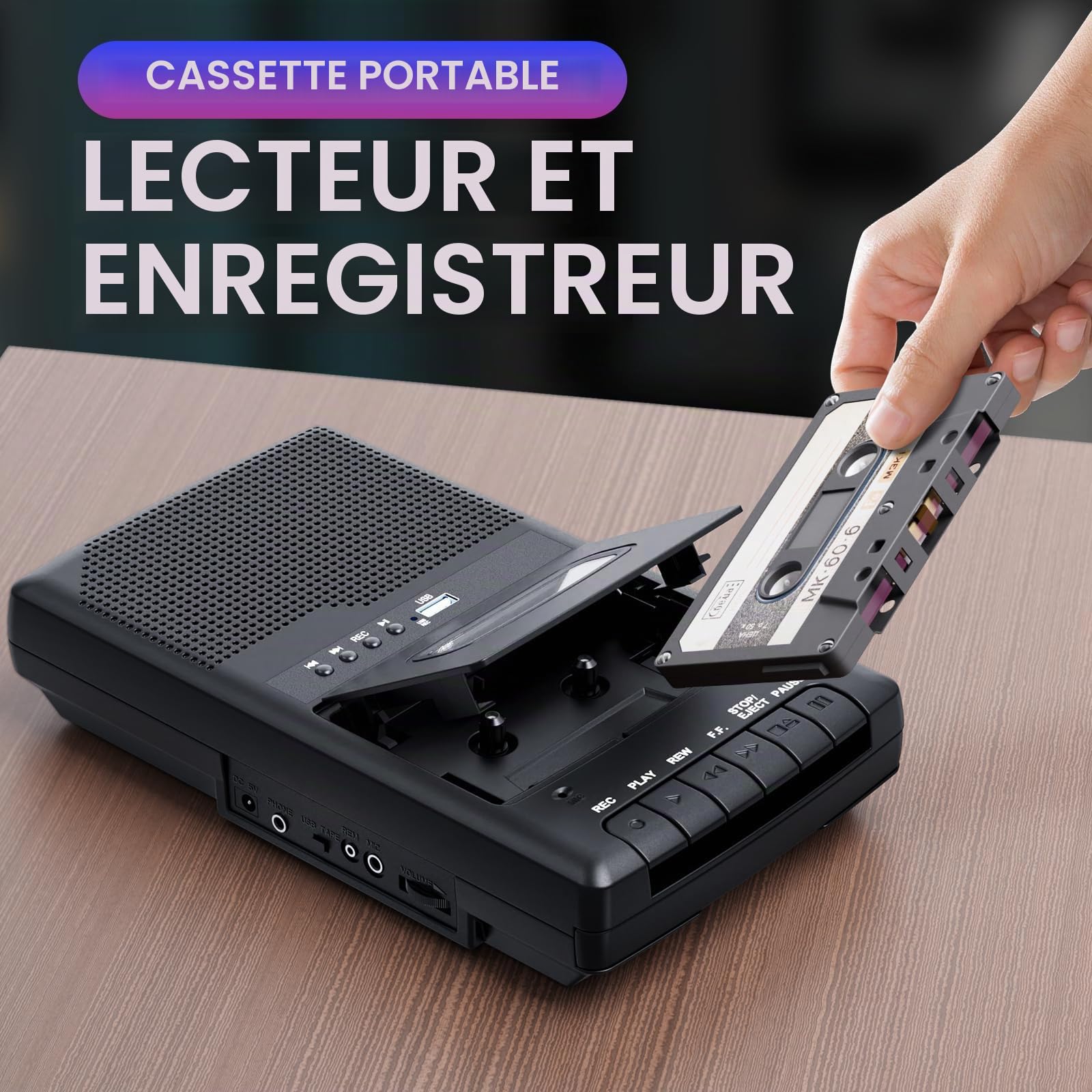 Lecteur Cassette Portable,Enregistreur de Cassettes,Convertisseur Numérique de Cassettes vers Disque Flash USB, Haut-Parleur Intégré, Poignée Rétractable