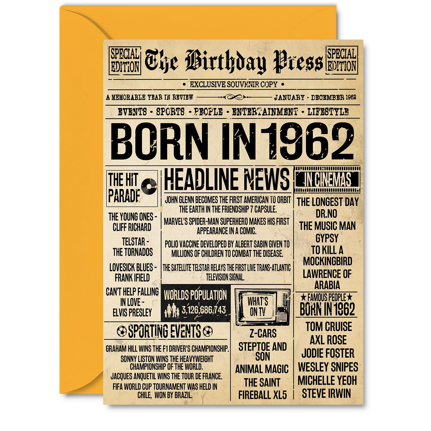 64th Birthday Card for Men Women - Bday Press Newspaper 1962 - Happy 64 Birthday Cards for Nan Grandma Grandad Dad Brother Neighbour, A5 Bday Greeting Cards