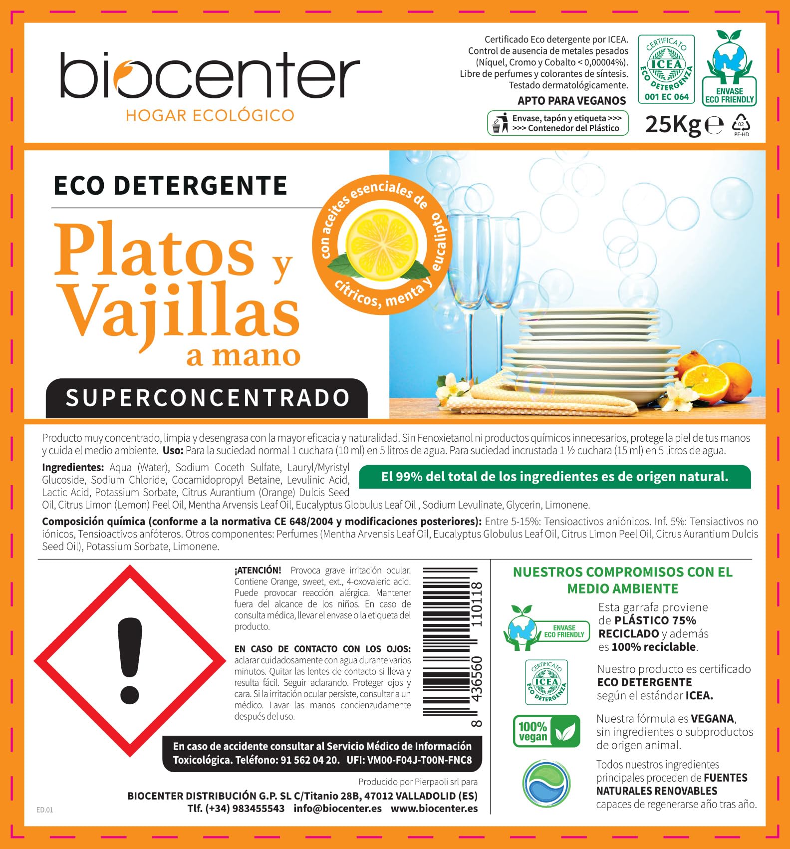 BIOCENTER - Lavavajillas a mano ecológico - formato a granel de 25 Kg con grifo