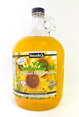 Smude's Brand Aceite de girasol prensado en frío – Botella de vidrio de 1 galón (128 onzas) | Aceite de cocina saludable y versátil, alto oleico,
