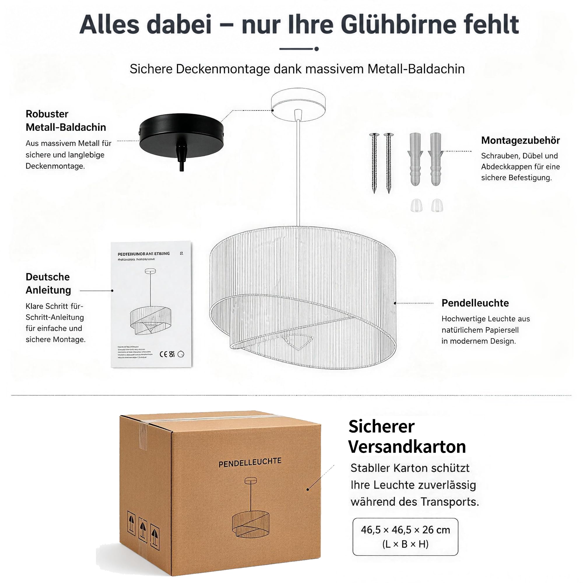 Hängelampe Skandi Ø45cm – 2-stufige Pendelleuchte aus Papierseil, Trapez-Design, höhenverstellbar, E27 – ohne Glühbirne