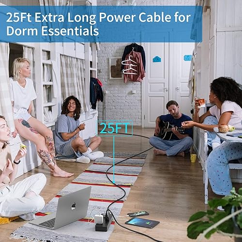 Miniatura 5 de NTONPOWER - Cable de extensión de enchufe plano de 25 pies, 10 tomas ampliamente espaciadas, protector de sobretensiones con 2 USB, protección