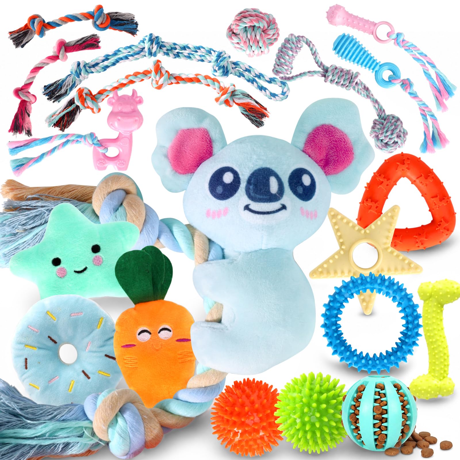 Aitmexcn 20 Pcs Puppy Toys for Teething, Puppy Chew Toys with Cute Squeaky Dog Toys, Treat Ball, Puppy Teething Rings and Ropes, Rubber Toy Bundle for Small Dogs