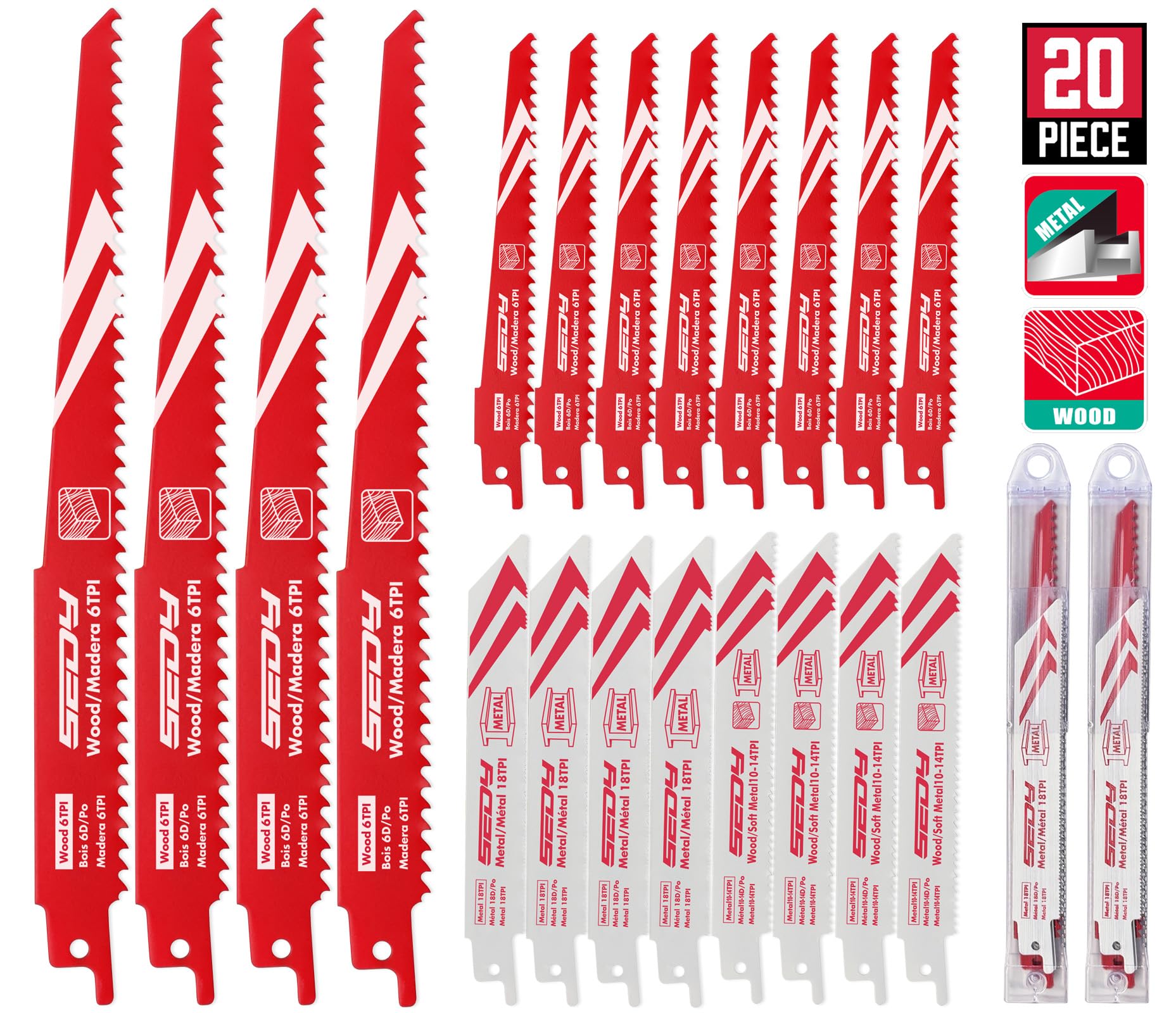 20-Piece Ultimate Reciprocating Saw Blade Set, Premium 6 & 8 Inch Wood and Metal Cutting Blades with Storage Box for Pruning, Wood, and Metal Cutting Tools