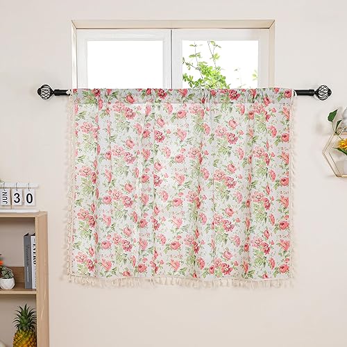 Miniatura 20 de Cenefa de mezcla de lino floral para ventana de 20 pulgadas de largo, cenefas de cortina de cocina con borlas, rosa rosa, retro, elegante, cortinas