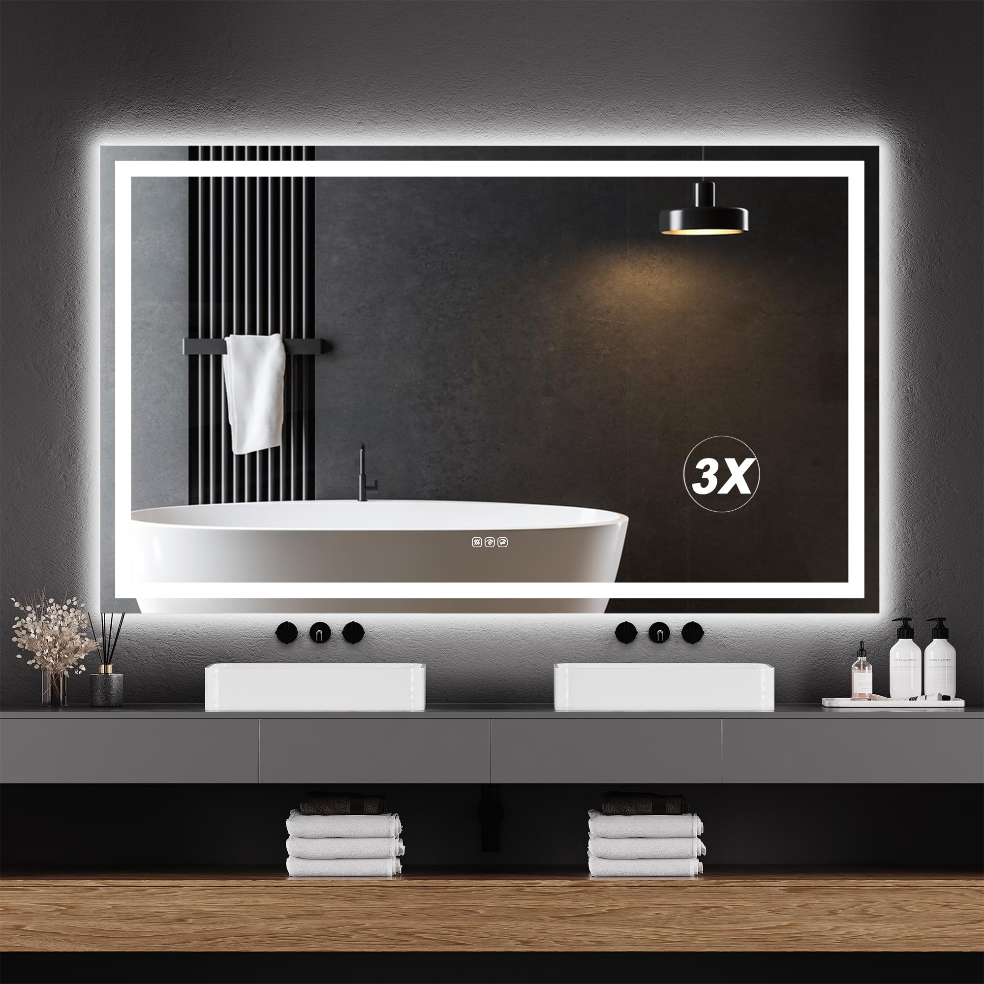 Photo 1 of LED Bathroom Wall Mirror 60 x 36 Inch, Frameless Vanity Mirror with Front Light & Ambient Backlight, Single Front LED Strip with 150mm Suction 3X Mirror, Dimmable & Adjustable Color Tempera