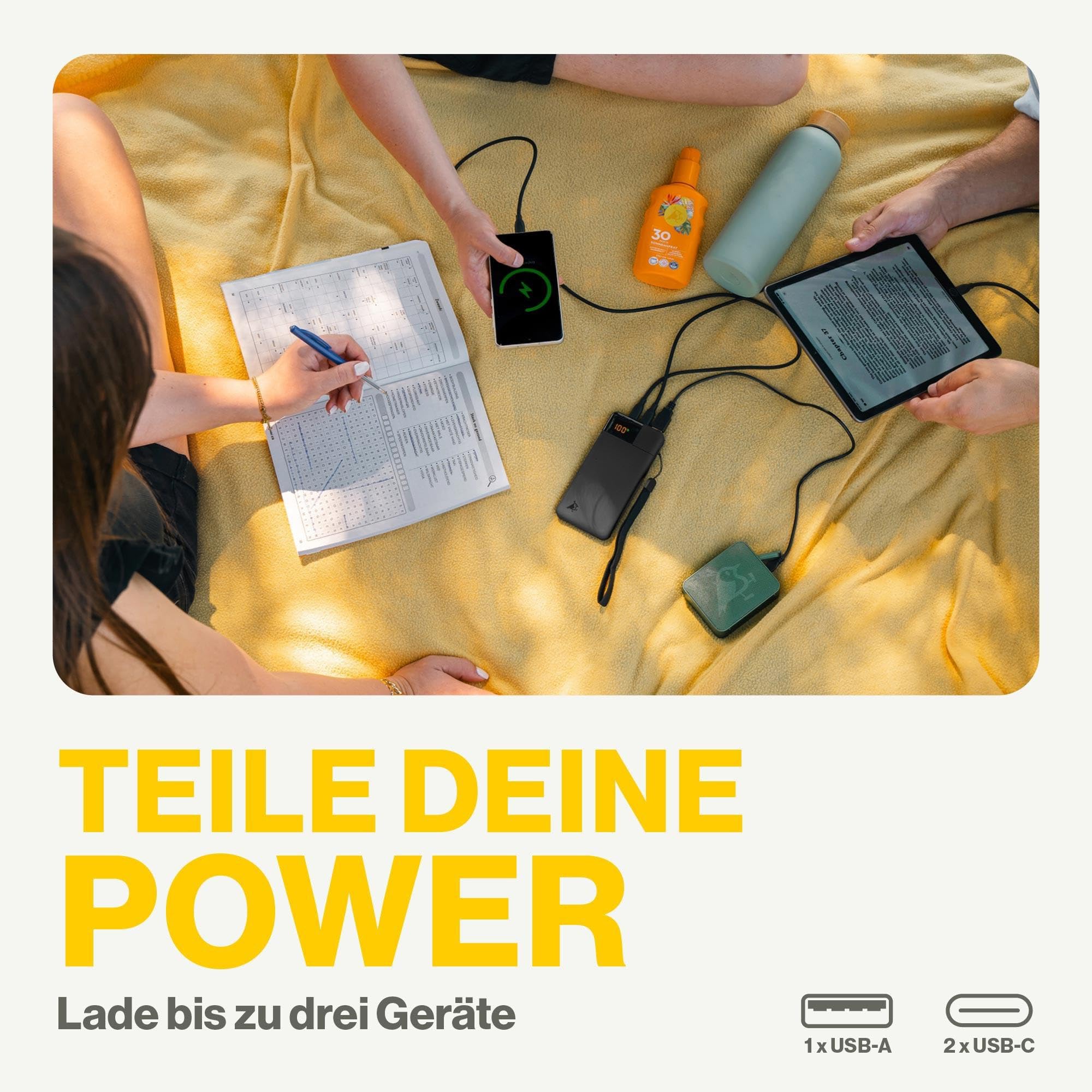 Powerbank 10000mAh, 20W, LED-Display, 2X USB-C, 1x USB-A, tragbares Ladegerät, Pass-Through-Laden, leicht und kompakt, Soft-Touch-Oberfläche, Powerbird Schwarz in plastikfreier Verpackung