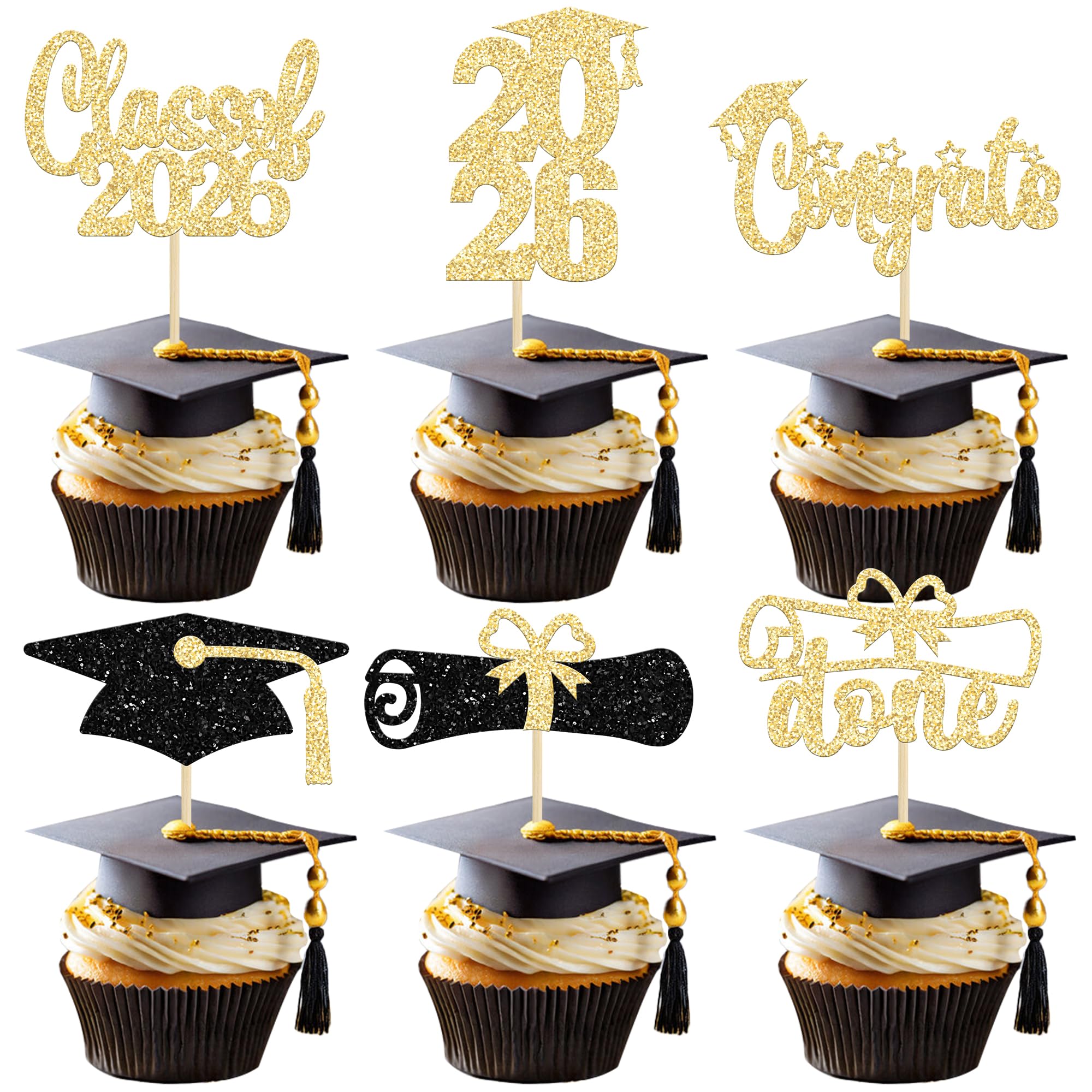 24Pcs Graduation Cupcake Toppers 2025 Gold Glitter Class of 2025 Cupcake Toppers Supplies 2025 Congrats Grad Cap Diploma Cupcake Picks for Graduation