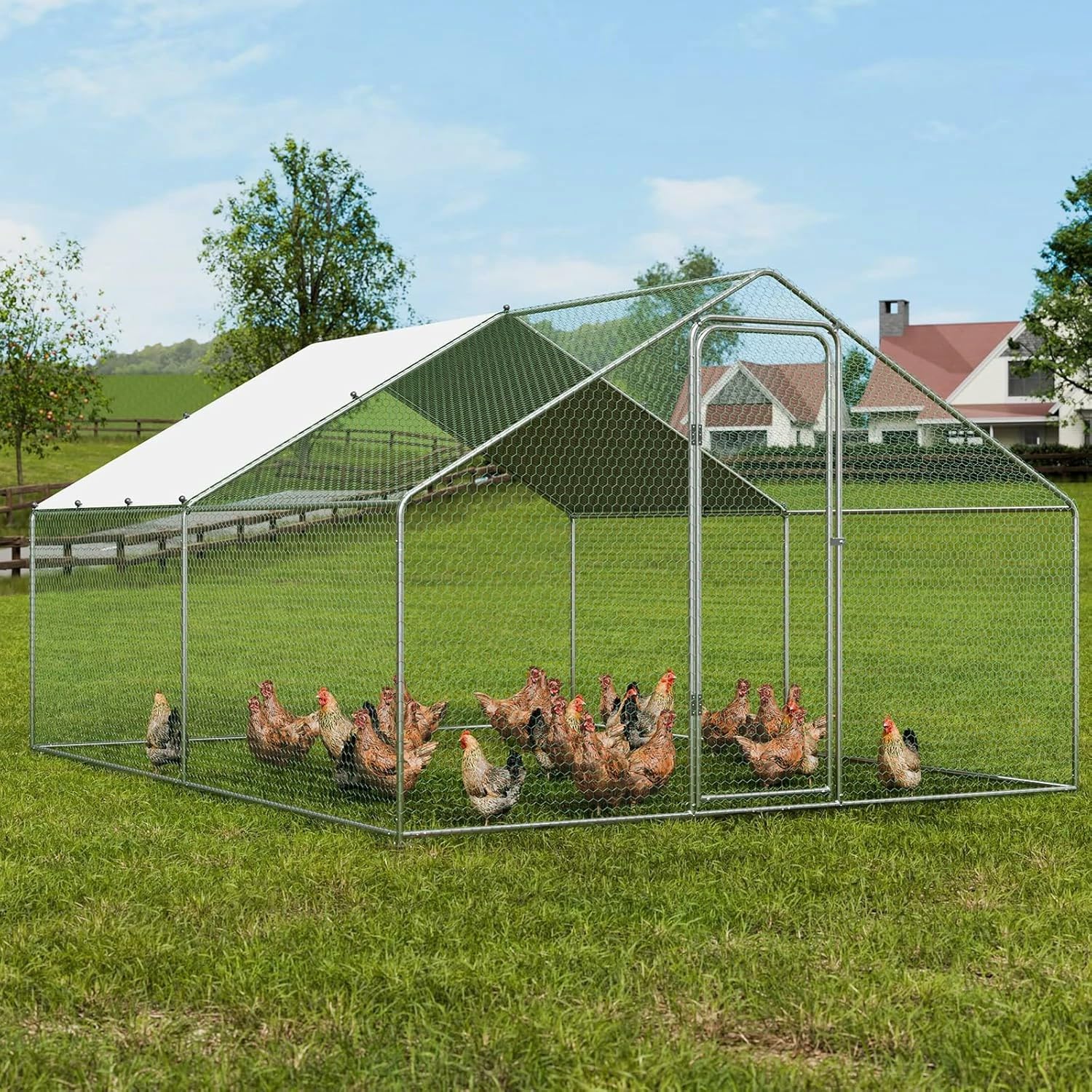 Enclos Poulailler Extérieur 12 m² en Métal Galvanisé avec Toit PE Imperméable et Serrure de Sécurité – Grand Parc Grillagé pour Poules, Lapins, Chiens et Petits Animaux – 4 x 3 x 2 m