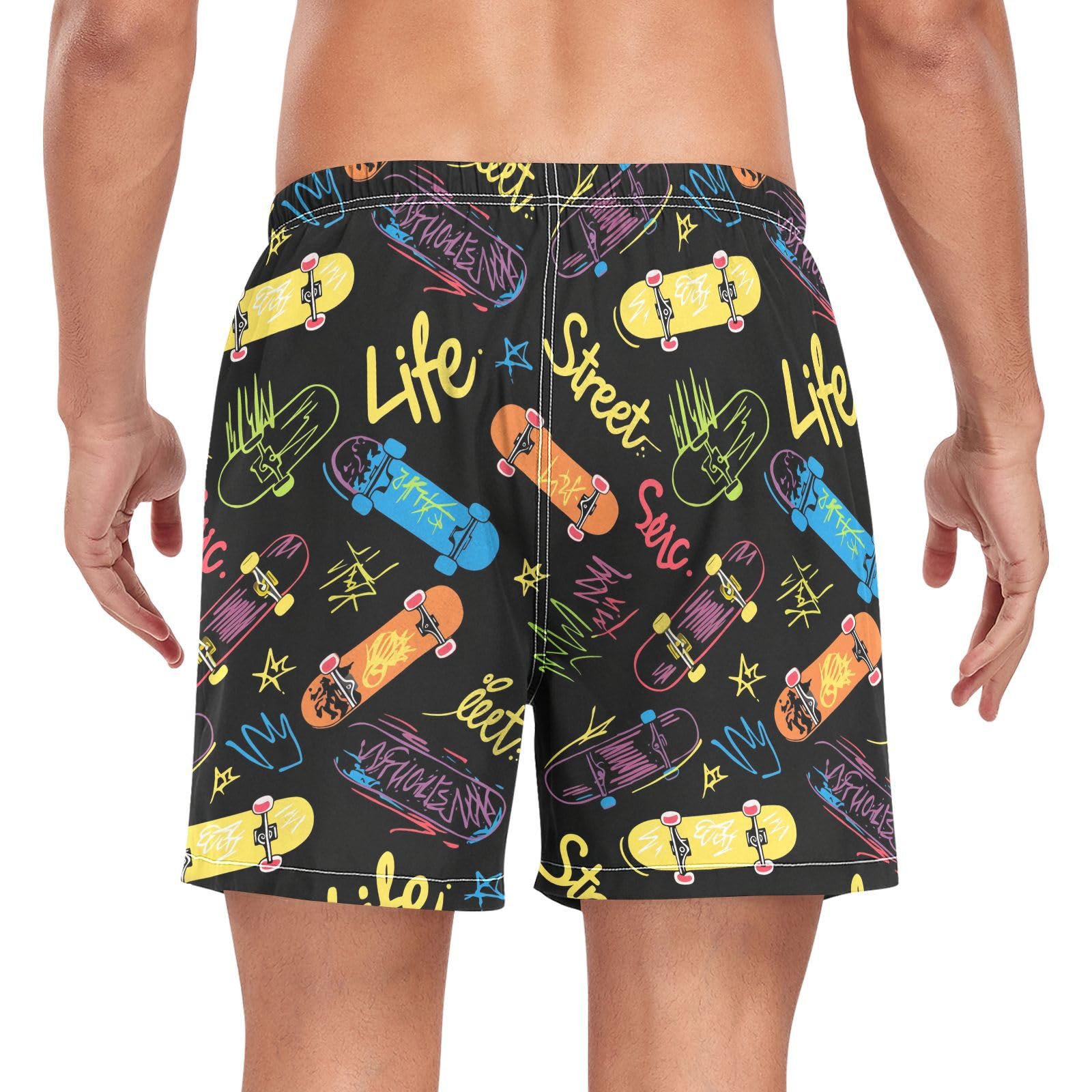 JUNZAN Mens Swimwear Trunks Cartoon Street Style Mens 2 in 1 Workout Shorts with Compression Liner and Pockets Inseam Bathing Suit Quick Dry Black