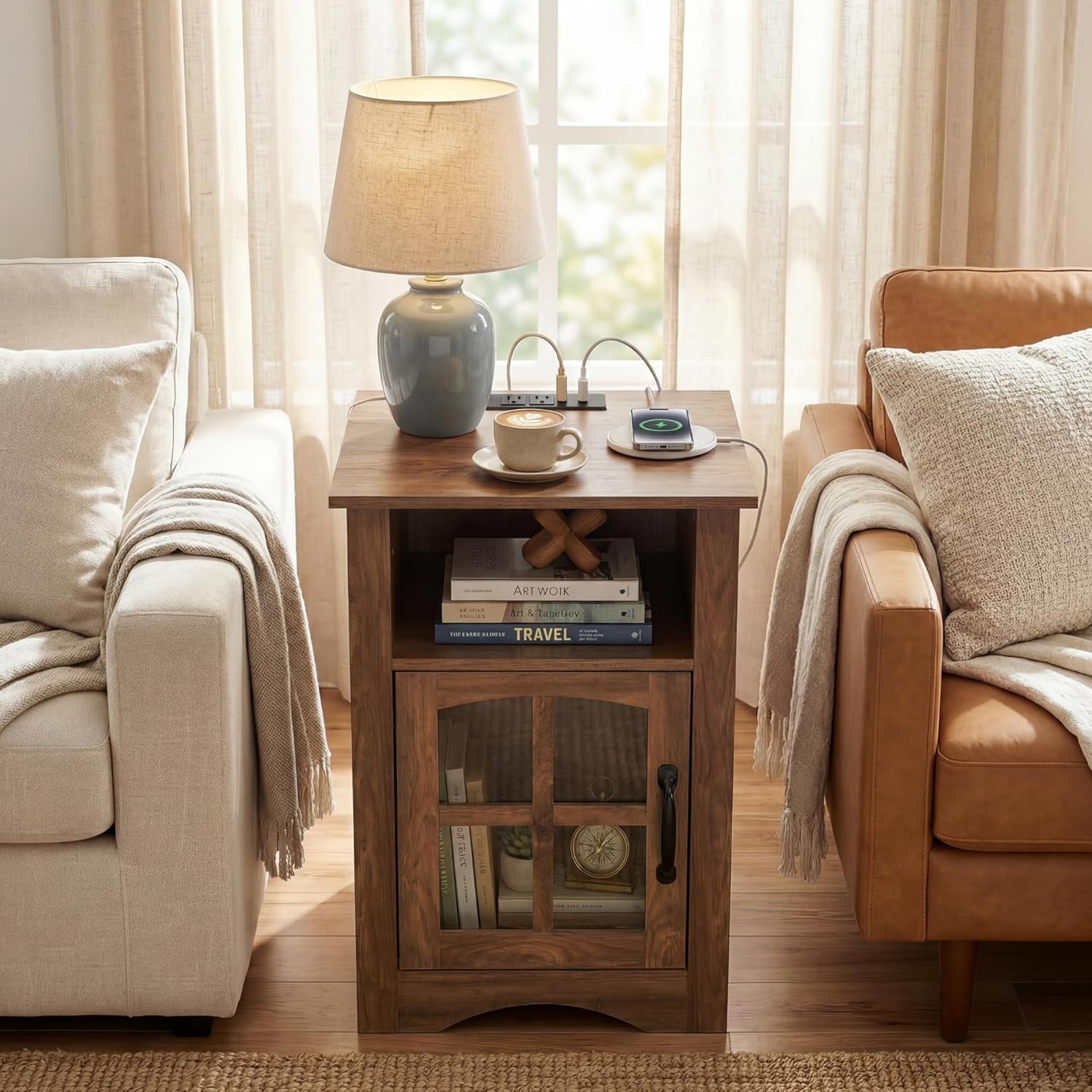 YESHOMY Farmhouse End Table with Charging Station, Night Stand with LED Light,Open Storage Shelf and Glass Door, Sofa Side Table for Living Room/Bedroom(Brown)