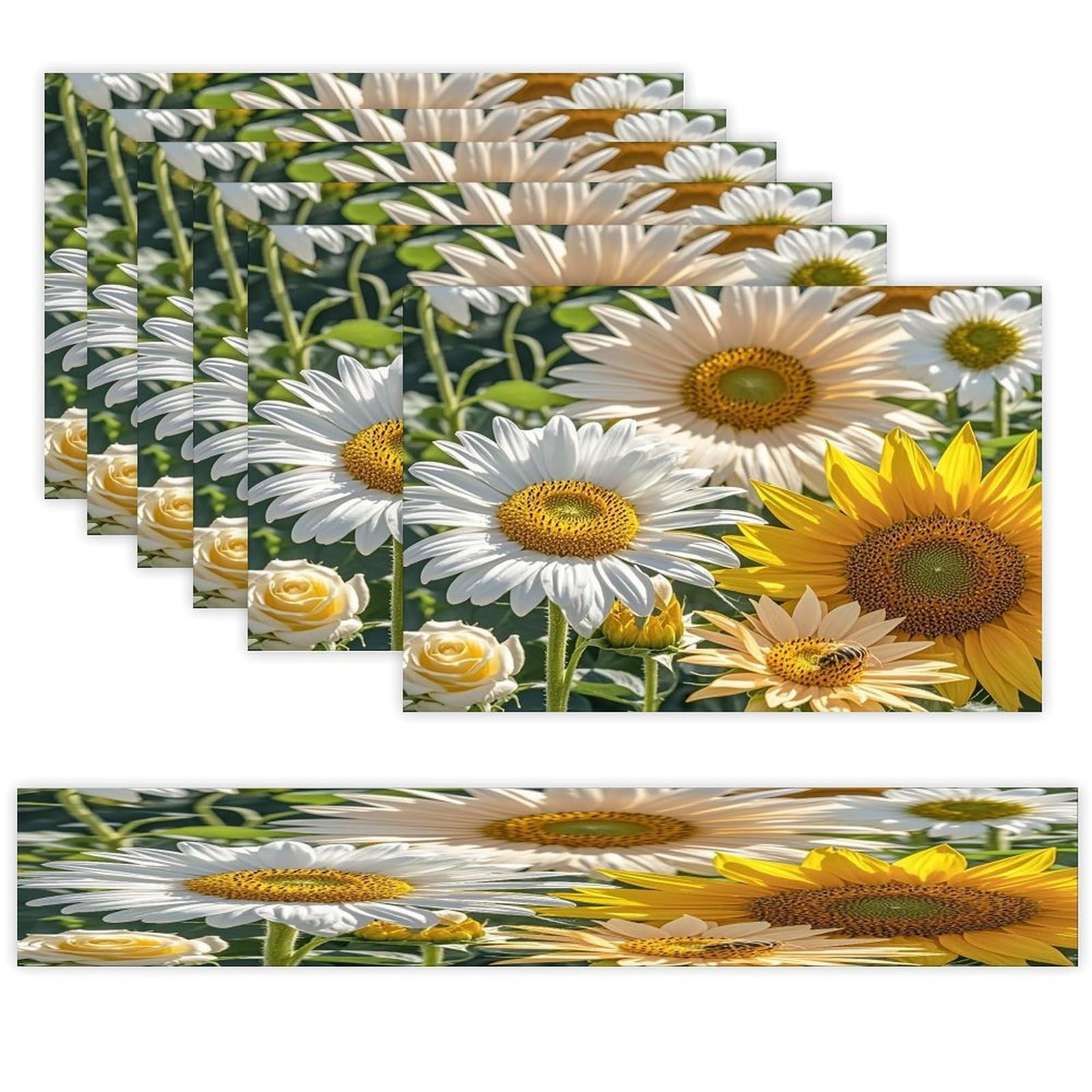 Sunflowers Daisy Rose Flowers Table Runner and Placemats Set of 6 Heat Resistant Table Runner Place Mats Modern Cloth Table Mat Washable Linen Placemat Festive Reusable Set