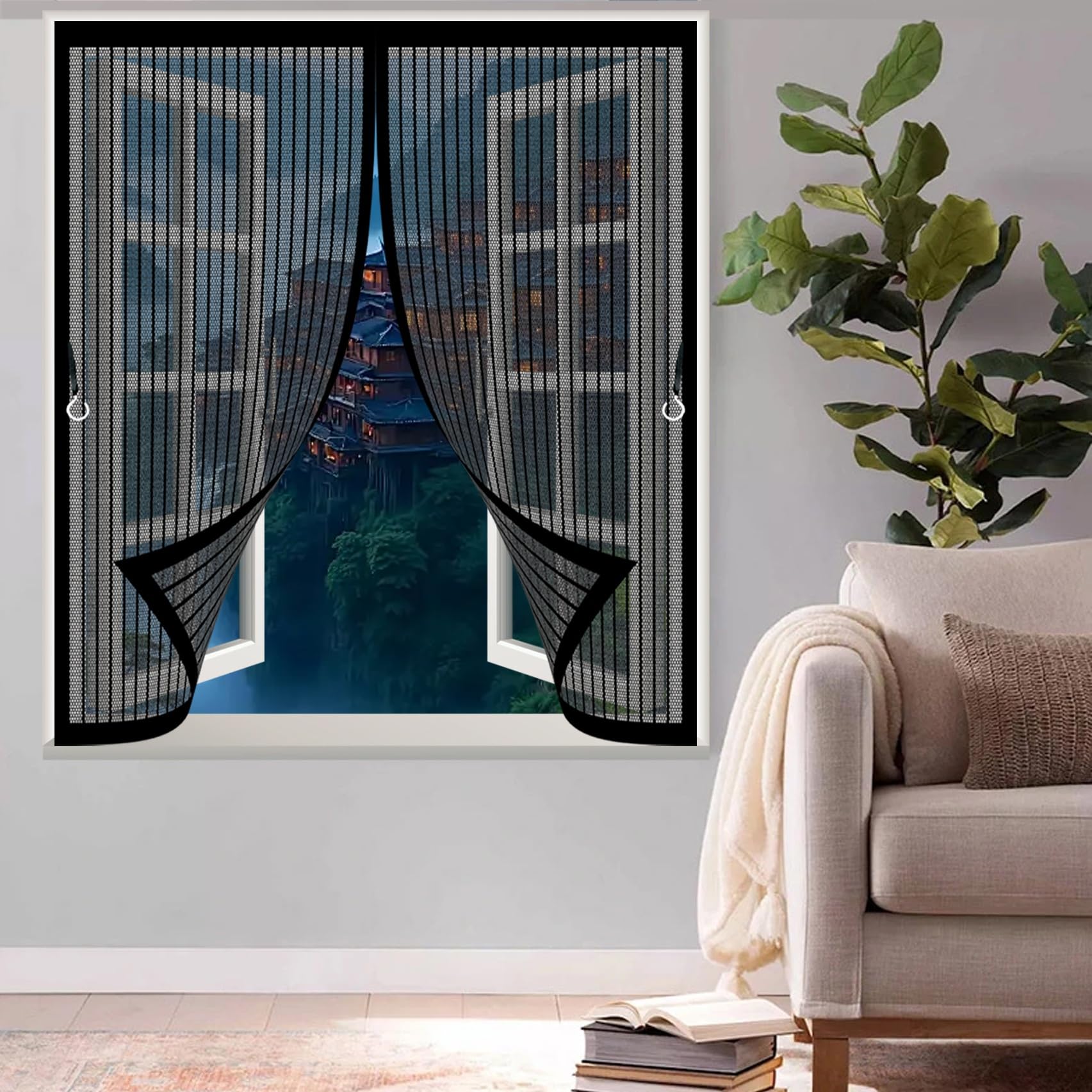 Magnet Fliegengitter 180 x 158 cm Ohne Bohren mit Starken Magneten Selbstschließend, Kratzfest, Stärkere Magneten Insektenschutz Vorhang Fenster für Alle Türen Und Fenster, Schwarz