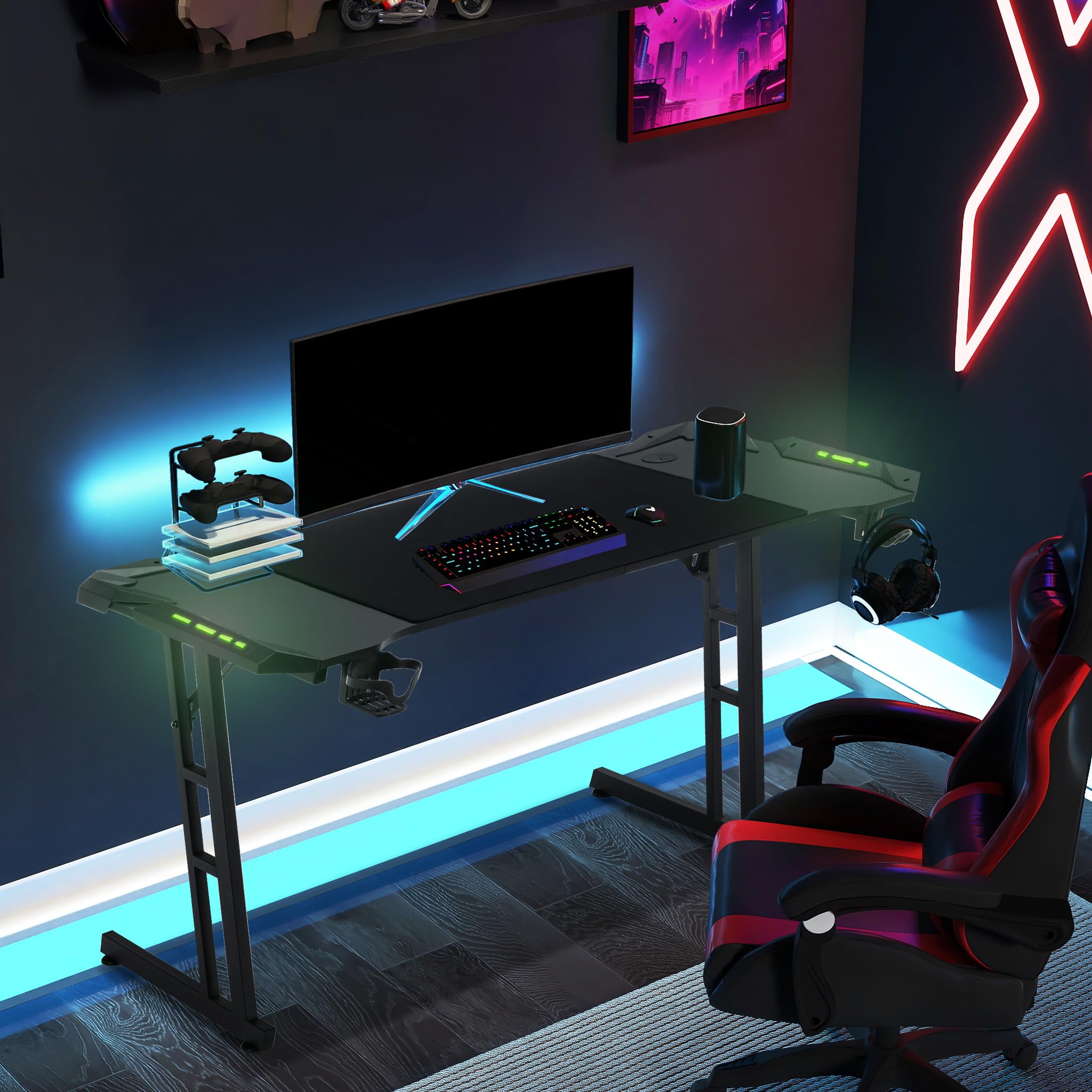 YUENFONG Tavolo da Gaming 140 x 60 cm, Scrivania per PC con Superficie in Fibra di Carbonio, Tavolo da Computer incluso Gancio per Cuffie e Portabicchieri, Nero con LED