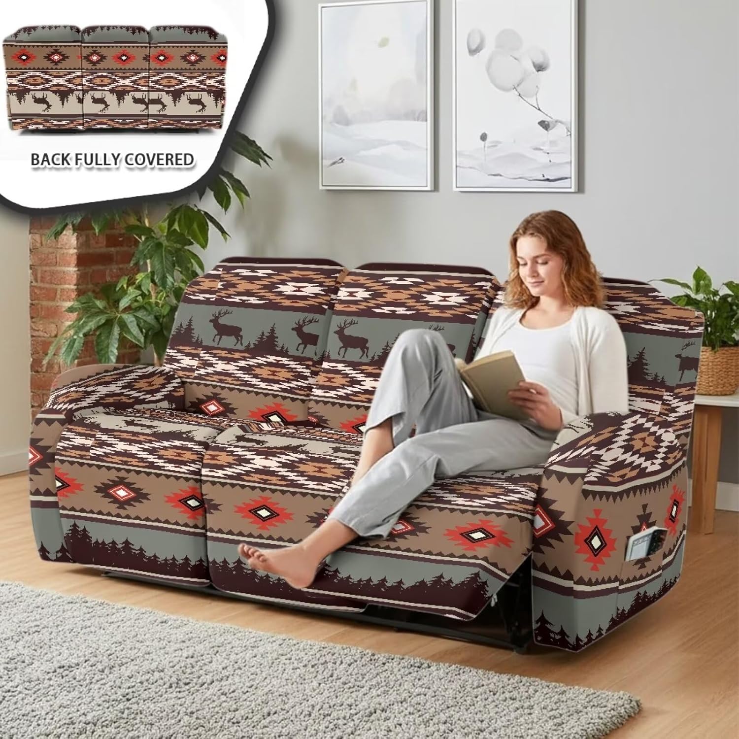 Navajo Western Aztec Style 3 Seat Reclining Sofa Cover Washable Recliner Covers with Elastic Bottom Easy-Install 8 Pieces Non Slip Reclining Couch Cover