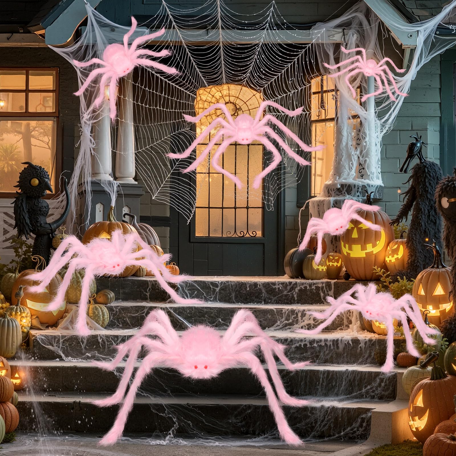 VioraWhite 5 Pcs Halloween Pink Spider Decorations Realistic Soft Hairy Giant Scary Araneid Set Fake Large Spider Props for Halloween Window Wall and Yard Outdoor Decor