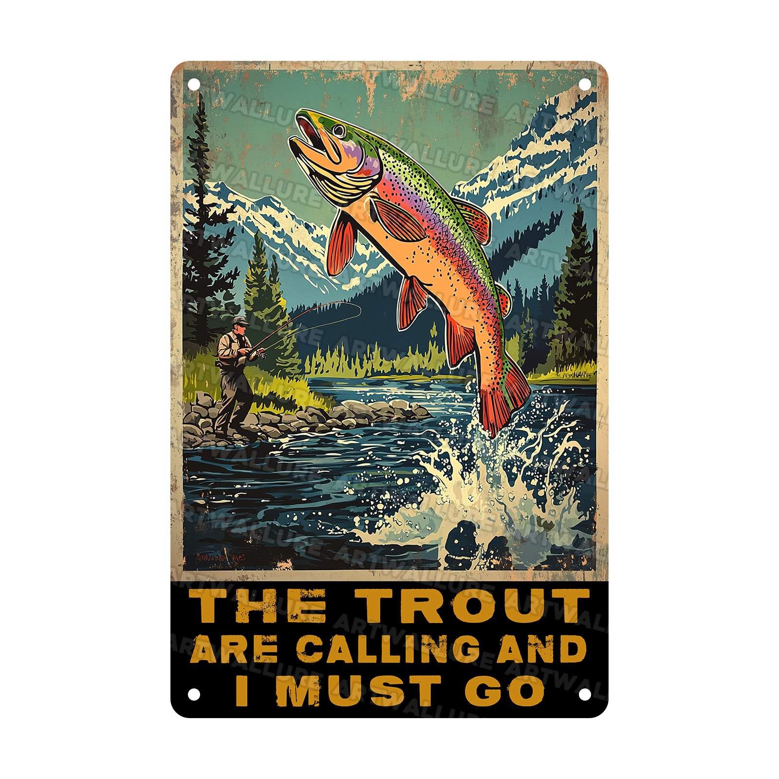 Retro Fishing Metal Plaque Tin Sign The Trout Are Calling Rustic Wall Decor for Man Cave Bar Cabin Office Hunting Lodge Humorous Outdoor Gift 8x12Inch