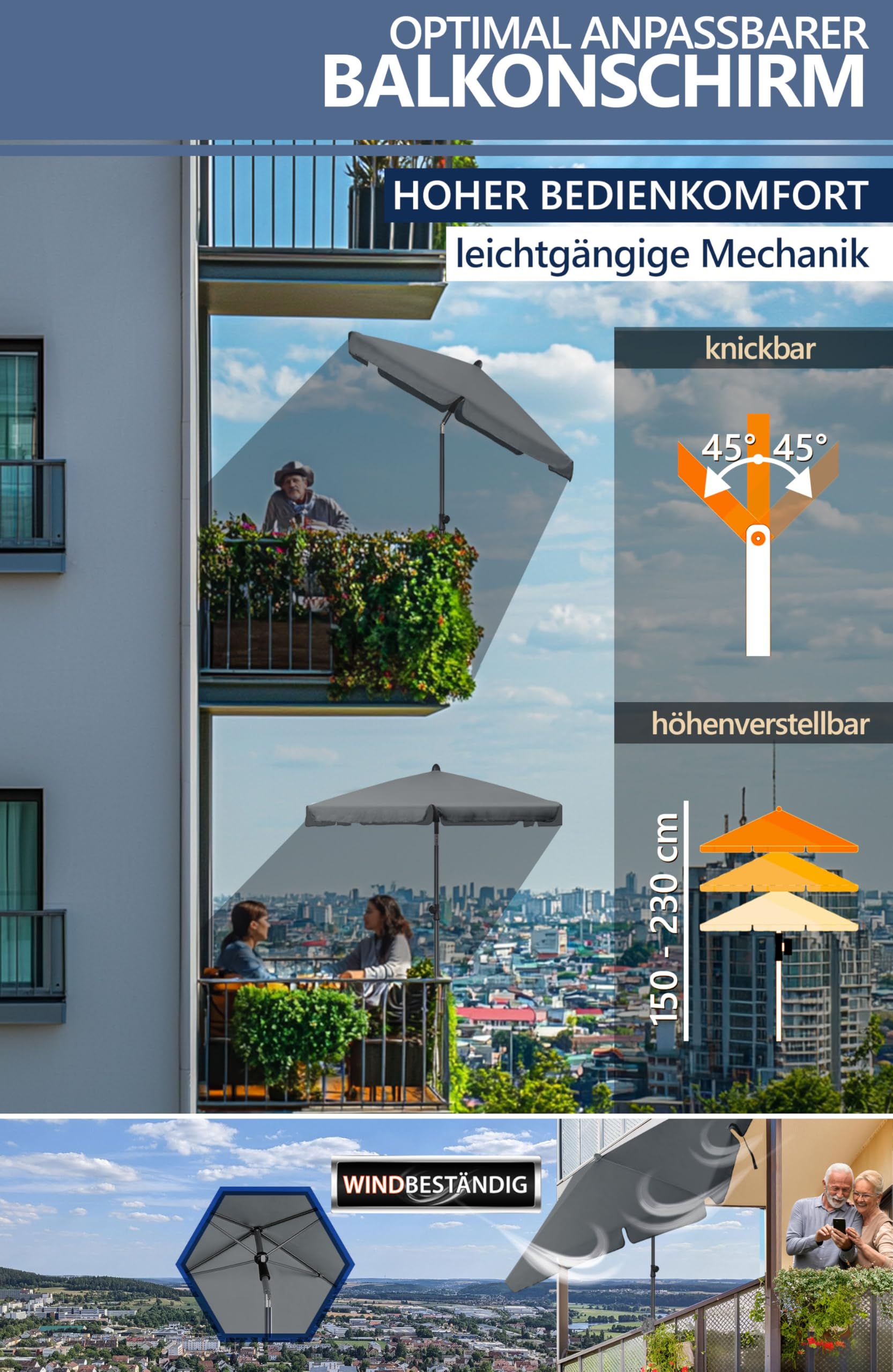 4smile Sonnenschirm Balkon 3-in-1 SET, Anthrazit