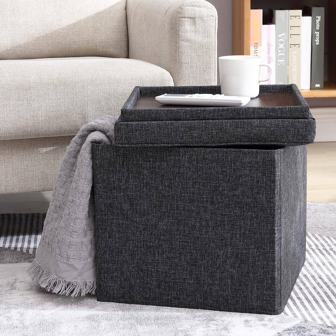 Ornavo Home Square Storage Ottoman Linen Foldable Tufted Cube Storage Ottoman Foot Rest Stool/Seat with Table Top Lid, Coffee Table Ottoman - 15" x 15" x 15" (Black)