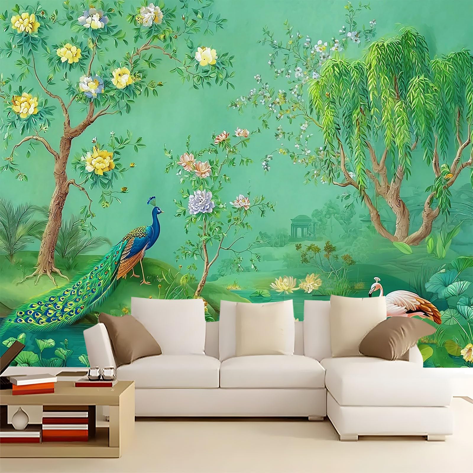 Tapeta z włókniny zielona 350 x 256 cm, tradycyjne zwierzęta paw różowy flaming tapeta 3D, fototapeta do salonu, pokoju dziecięcego, biura, przedpokój, dekoracje ścienne, obrazy ścienne