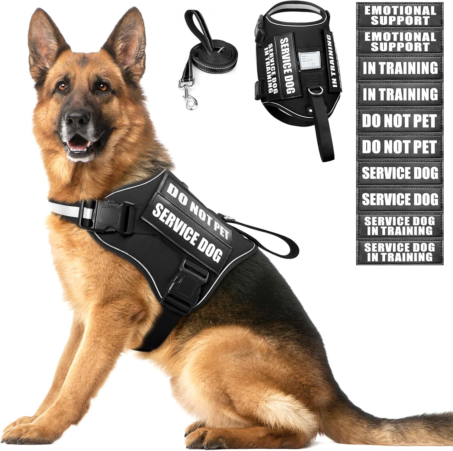 Service Dog Harness and Leash Set, Training Dog Vest with 10 Dog Patches, Emotional