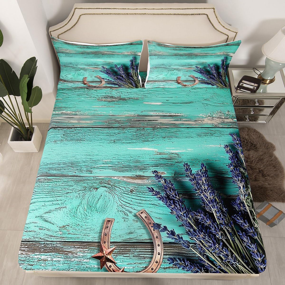 Western Sheet Set Farmhouse Texas Stars Horseshoe Bedding Sheets Queen Teal Rustic Wooden Barn Door Lavender Bed Sheets For Cabin Lodge,Cowboy Cowgirls Fitted Sheet + Flat Sheet + 2 Pillow Cases