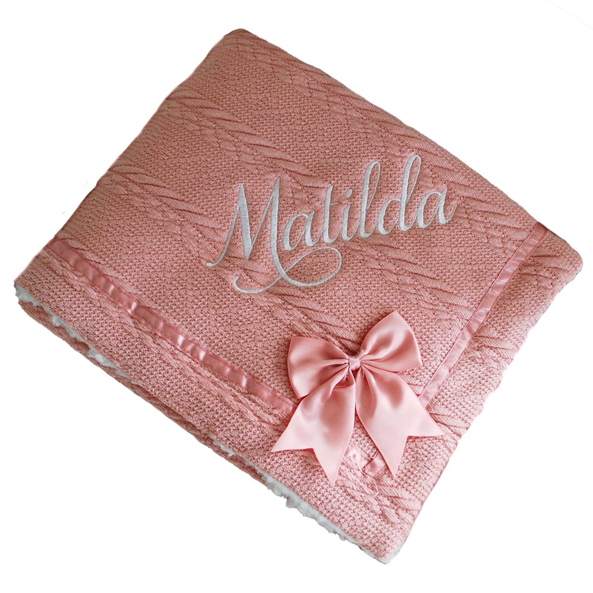 inspired creative design Personalised Embroidered Super Snuggly Cable knit wrap with a Satin Bow sherpa back, New Born Baby Boy, Baby Girl Blanket, (Pink) โ image 1