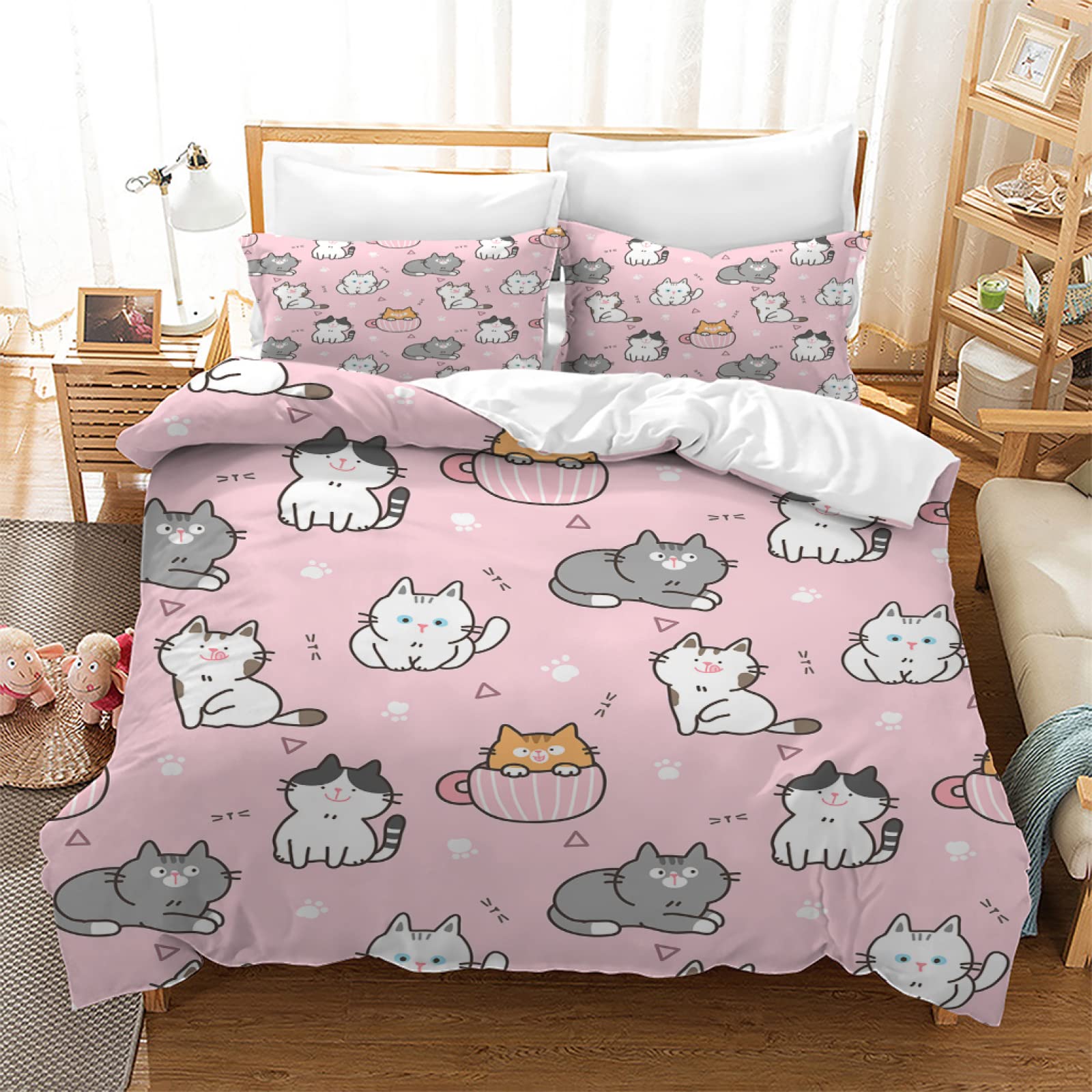 Funda Nordica Cama 90 Infantiles Gato Rosa Edredón Cama 90 para Niñas Niños con Cremallera 110gsm Microfibra de Suave Transpirable Fundas Nordicas 150x220 cm + 2 Fundas de Almohada 50x80 cm