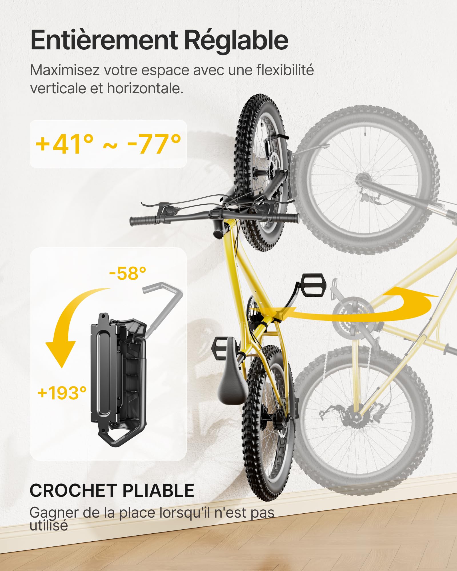 monTEK Lot de 4 Crochets Vélo Mural Pivotant,Pneus 4,5",Charge Max 35Kg | Supports de Cintre de Vélo Muraux, Crochet Mural pour VTT, Vélo de Route,Résistant aux rayures,Optimiser l'espace