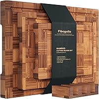 Fibogollo 3-Piece Bamboo Cutting Boards Set with Juice Grooves & Holder - End Grain Kitchen Chopping Boards, Natural Butcher Block