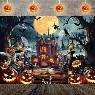 Halloween Backdrop Spooky Full Moon Night Castle with Pumpkins Zombies Ghosts Photography Background for Halloween Party Decorations Supplies (7X5FT (2.1x1.5m))