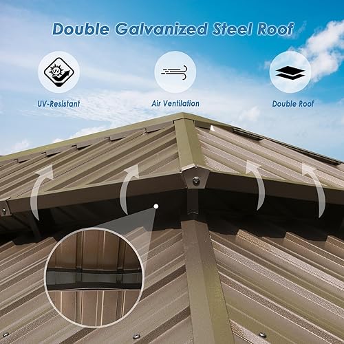 Miniatura 4 de Domi - Cenador de techo rígido de 12 x 20 pies, cenador de metal de aluminio con doble techo de acero galvanizado, cortina y red, pabellón