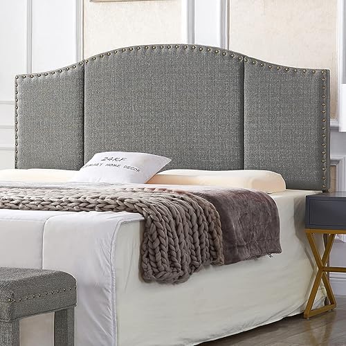 24KF Middle Century Linen Upholstered Tufted King Size Headboard with Antique Brass Nail Heads Trim King/California King headboard-Granite