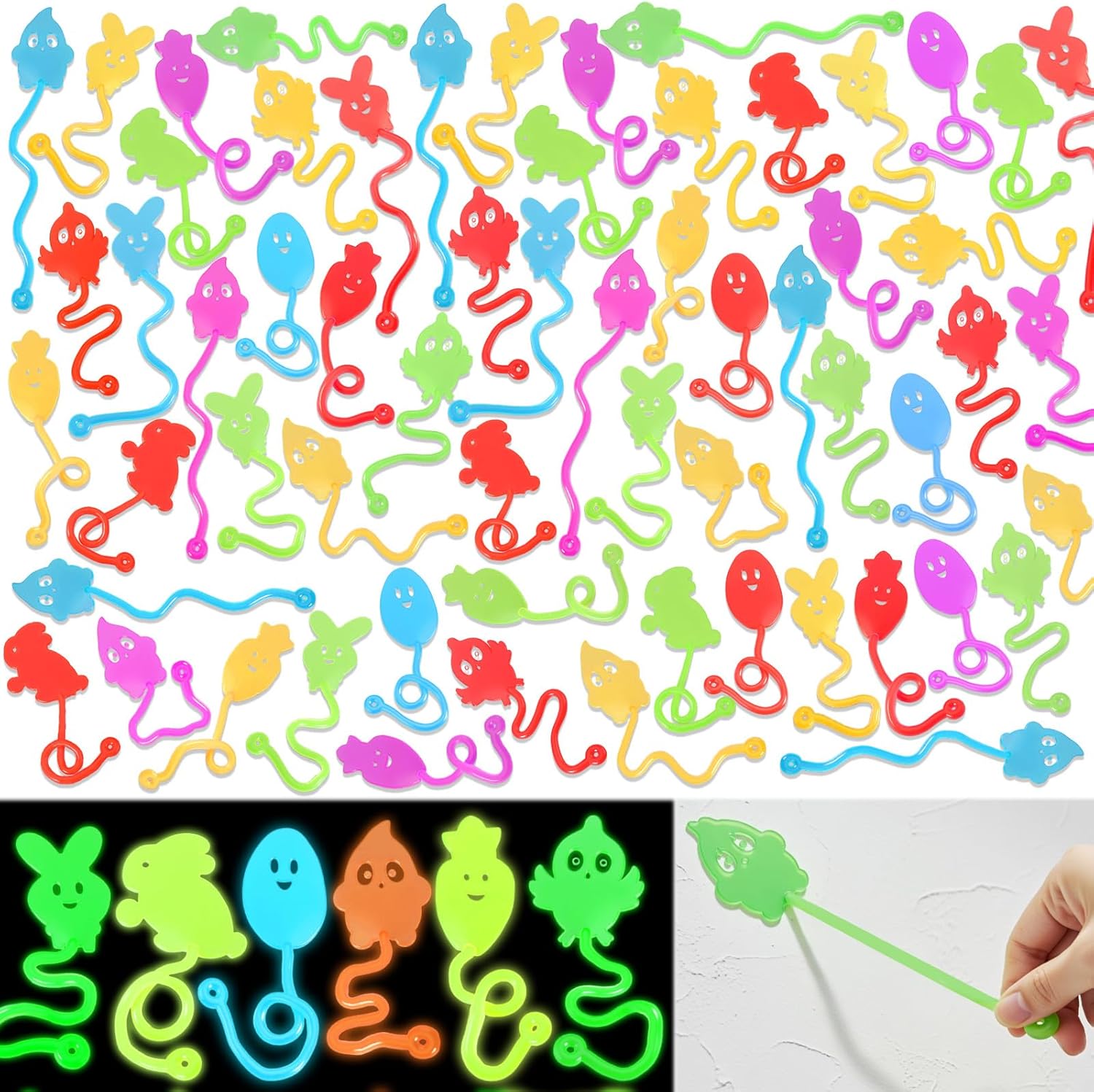 Jenaai 100 Pcs Easter Glow Sticky Hands Bulk Glow in The Dark Stretchy Fidget Toys for Kids Easter Basket Stuffers Party Favors Piñata Fillers School Classroom Gifts
