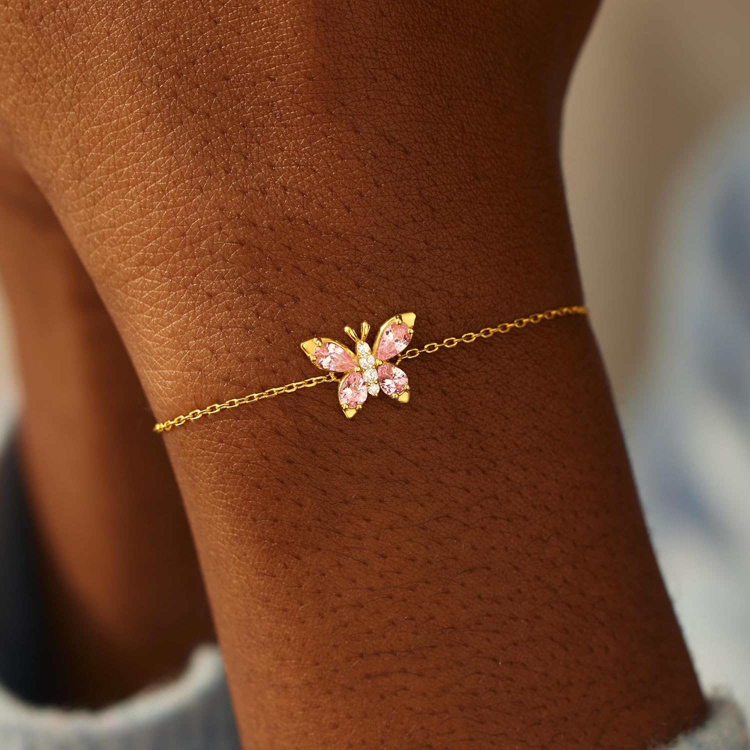 STORYJEWELLERY Sterling Silver Butterfly Bracelet, 18K Gold Plated Bracelets for Women, Dainty Charm Bracelet with Pink Cubic Zirconia, Butterfly Gifts for Women on Birthday Graduation Mother's Day - Image 2