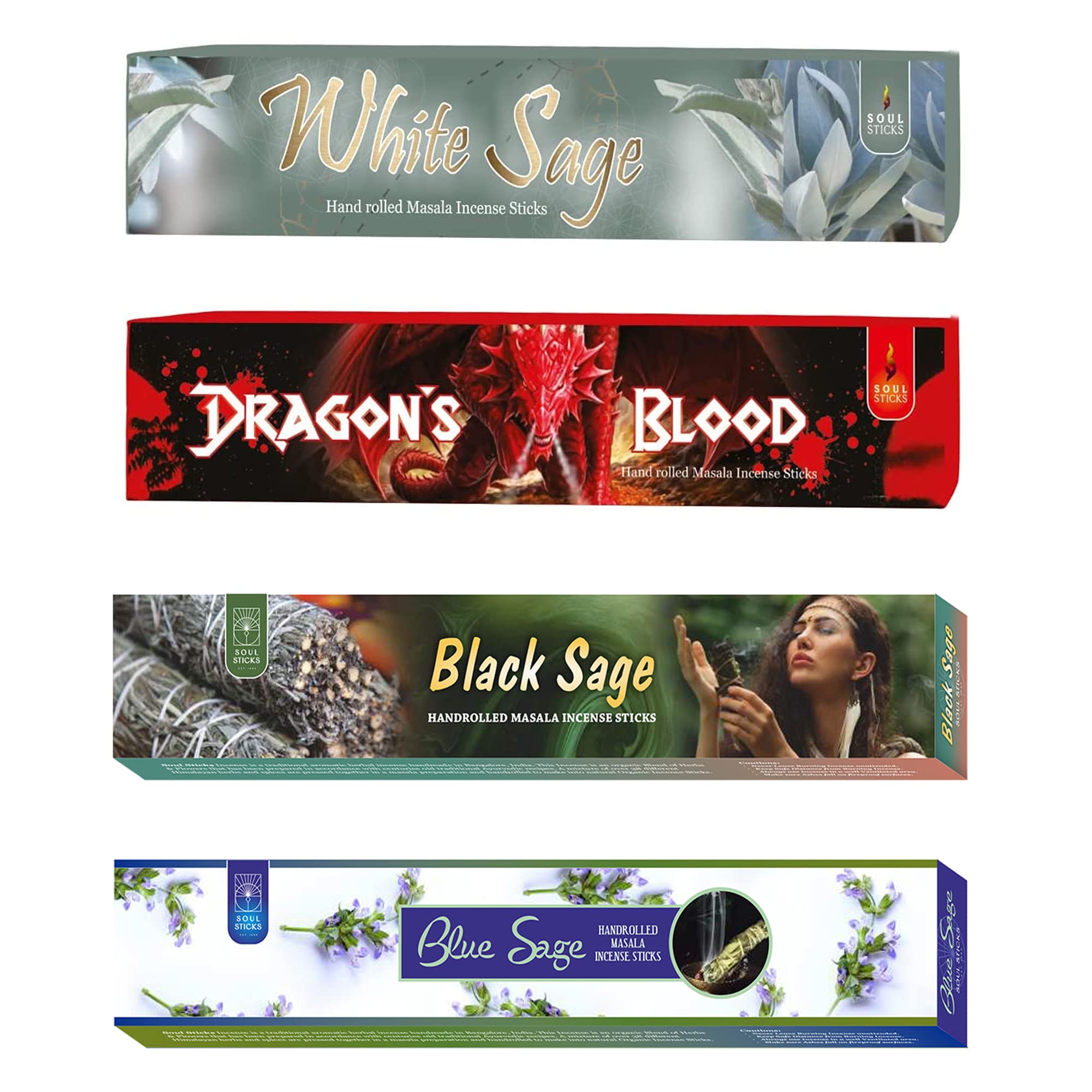 Soul Sticks Lot de 4 bâtons d'encens enroulés à la main | Parfum maison bio d'encens Masala 100 % naturel Agarbatti | 15 grammes par paquet - 60 grammes au total (série sauge)