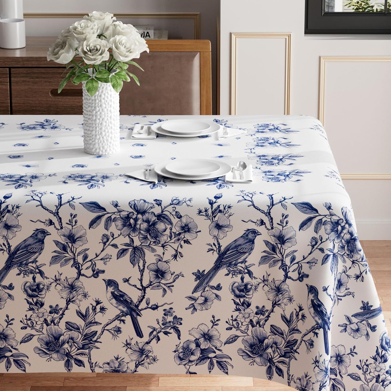 XCHI Blue and White Porcelain Style Birds and Flowers Spring Tablecloth Rectangle Washable Table Covers for Summer Seasonal Indoor Outdoor Dining Home Party Decorations 60x84 Inch - Image 2