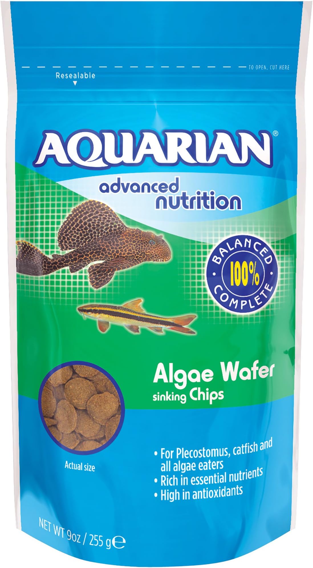 AQUARIAN Complete Nutrition, Aquarium Algae Eater Fish Food, Sinking Algae Wafers, 255g Bag